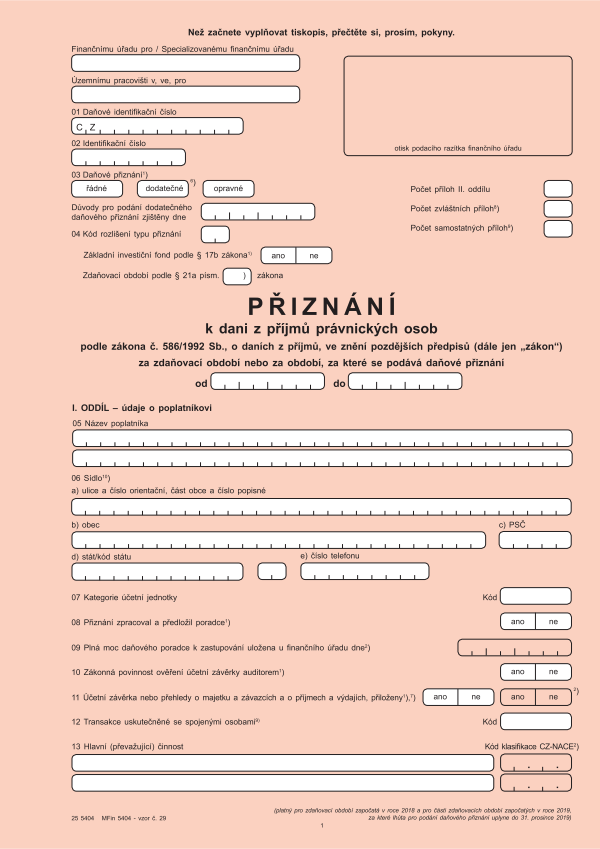 Přiznání k DPPO (dani z příjmů právnických osob) vz. 29