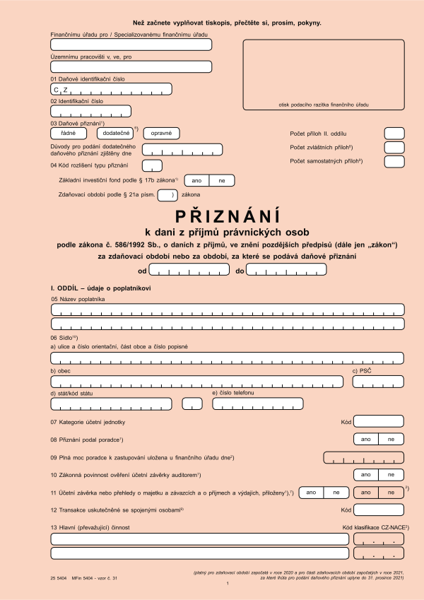 Přiznání k DPPO (dani z příjmů právnických osob) vz. 31