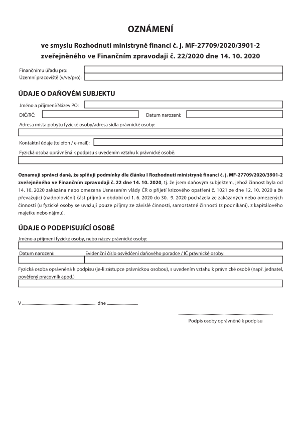 Oznámení ve smyslu Rozhodnutí ministryně financí č. j. MF-27709/2020/3901-2