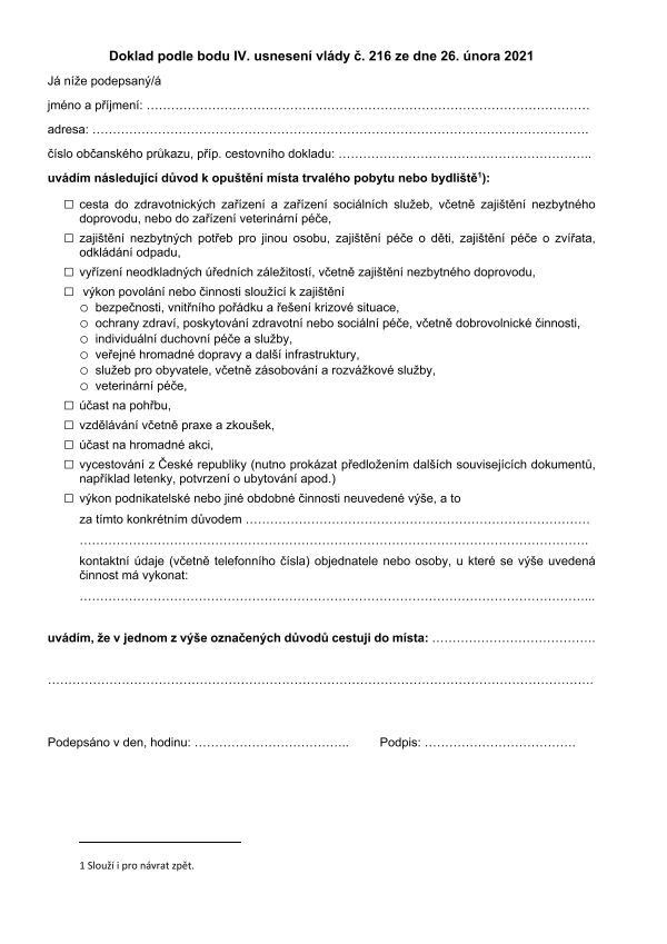 Formulář pro cesty mimo okres