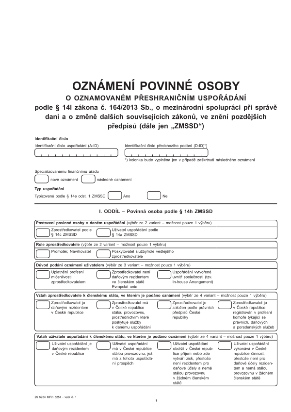 Oznámení povinné osoby o oznamovaném přeshraničním uspořádání