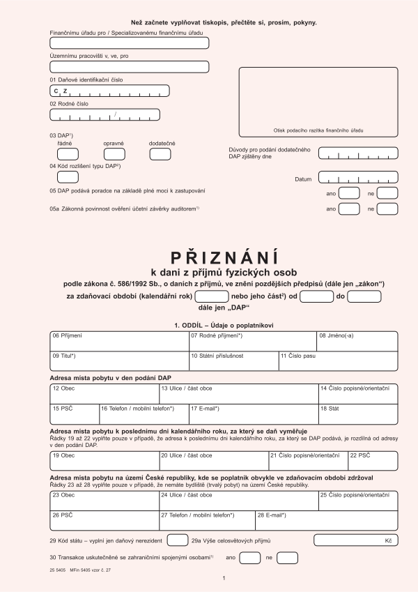 Přiznání k DPFO (dani z příjmů fyzických osob) vz. 27