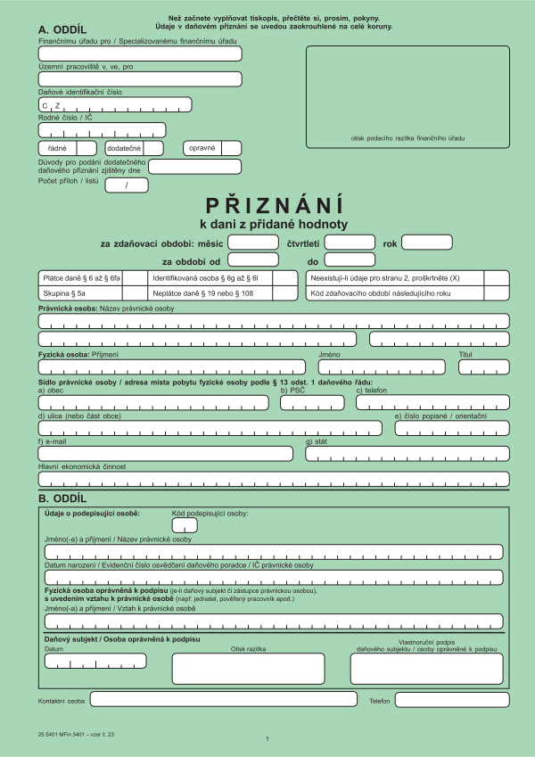 Přiznání k DPH (dani z přidané hodnoty) vz. 23