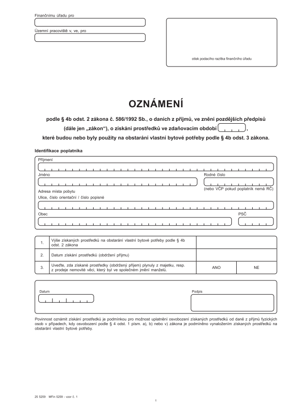 Oznámení o získání prostředků, které budou nebo byly použity na obstarání vlastní bytové potřeby vz. 1
