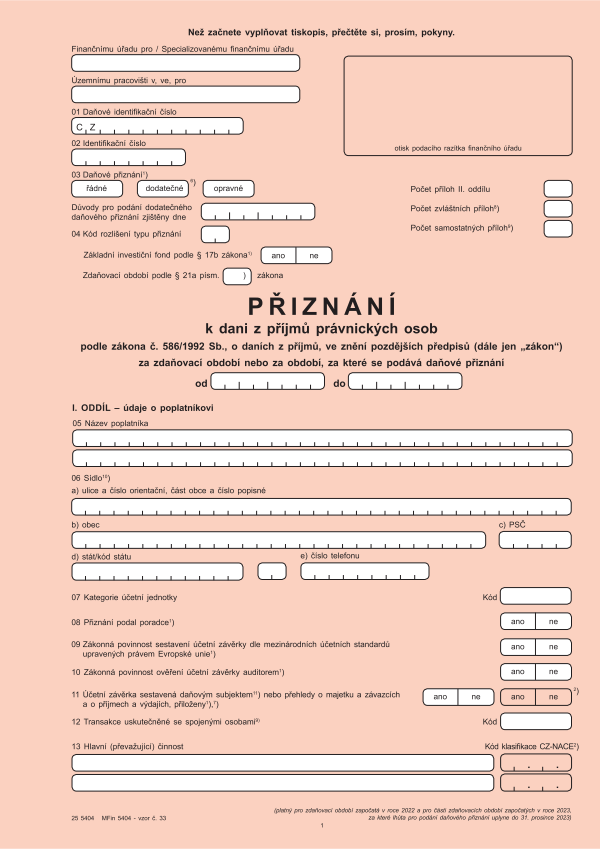 Přiznání k DPPO (dani z příjmů právnických osob) vz. 33
