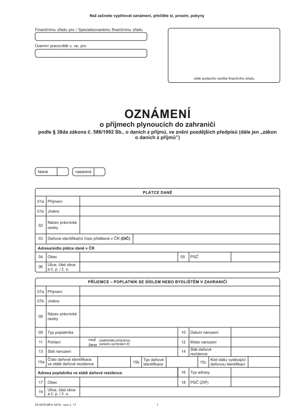 Oznámení o příjmech plynoucích do zahraničí podle § 38da vz. 17