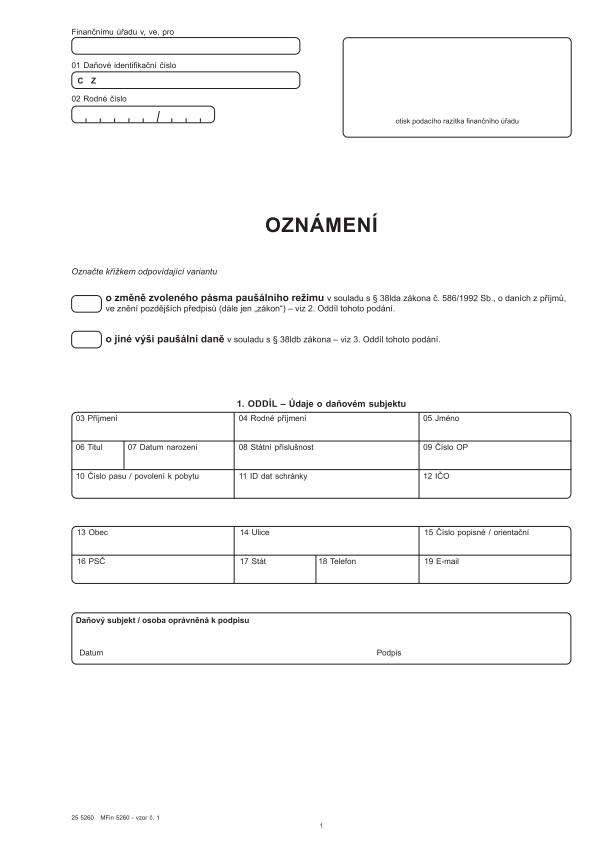 Oznámení o změně zvoleného pásma paušálního režimu nebo o jiné výši paušální daně vz. 1