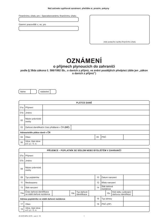 Oznámení o příjmech plynoucích do zahraničí podle § 38da vz. 18