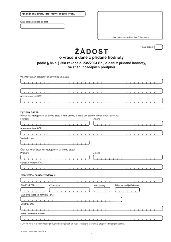 Žádost o vrácení DPH (daně z přidané hodnoty) podle § 86 vz.6