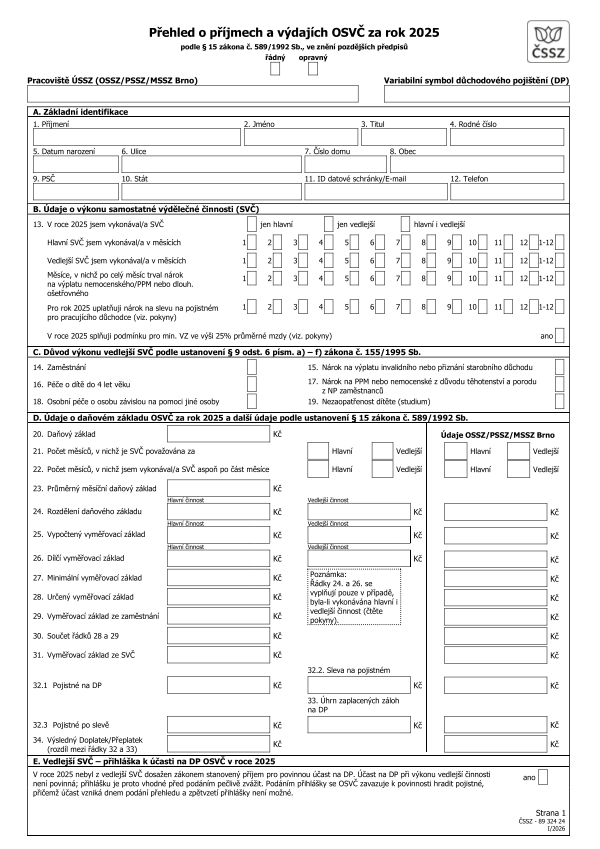 Přehled o příjmech a výdajích OSVČ pro ČSSZ za rok 2025