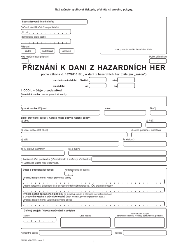 Přiznání k dani z hazardních her vz. 3