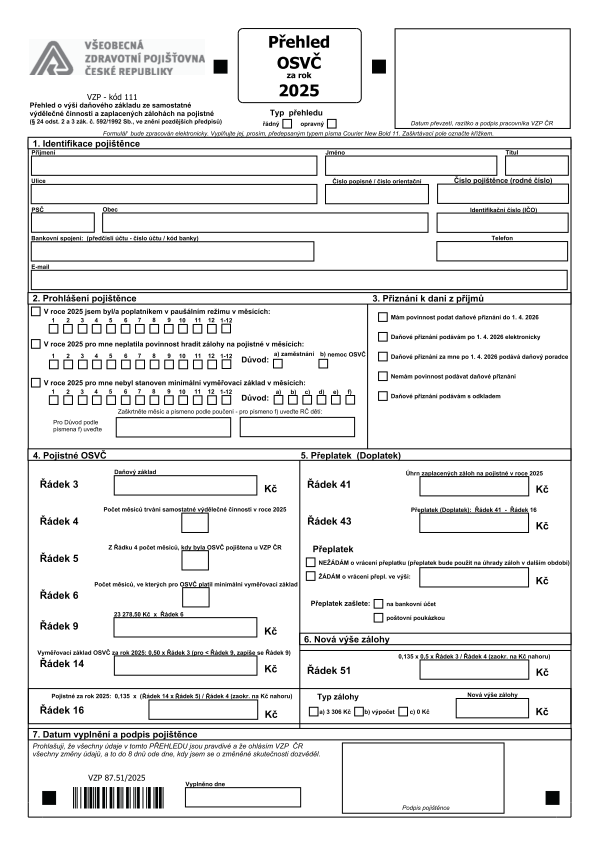 Přehled pro ZP za rok 2025 - jednotný formulář pro všechny zdravotní pojišťovny