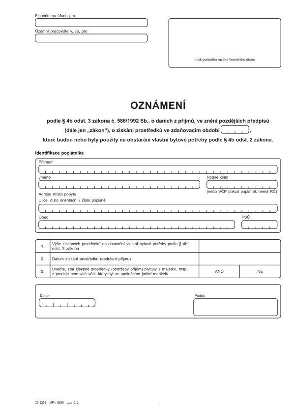 Oznámení o získání prostředků, které budou nebo byly použity na obstarání vlastní bytové potřeby vz. 2