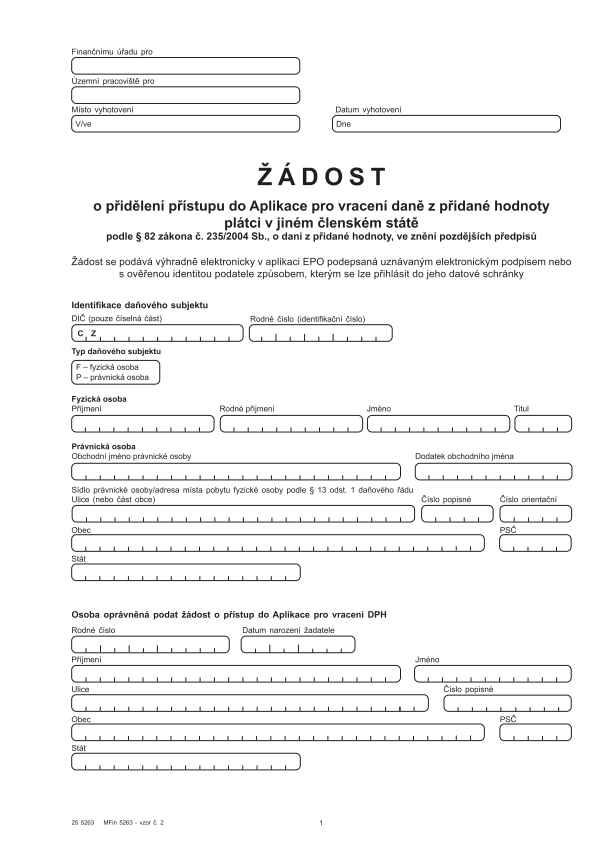 Žádost o přidělení přístupu do Aplikace pro vracení DPH plátcům v jiných členských státech vz. 2