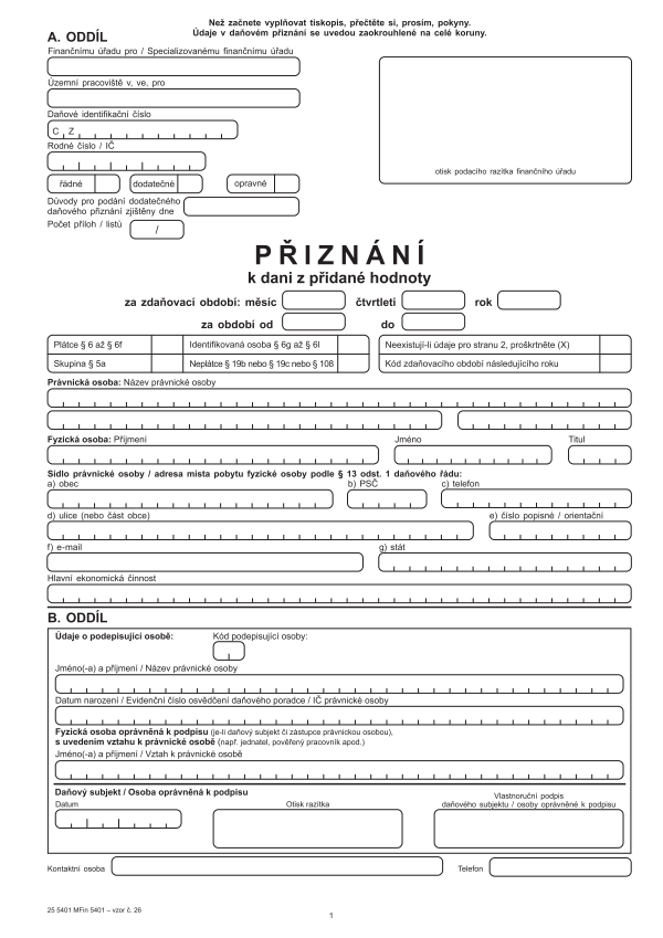 Přiznání k DPH (dani z přidané hodnoty) vz. 26