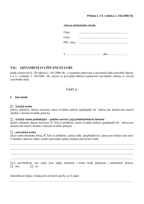 Oznámení o užívání stavby