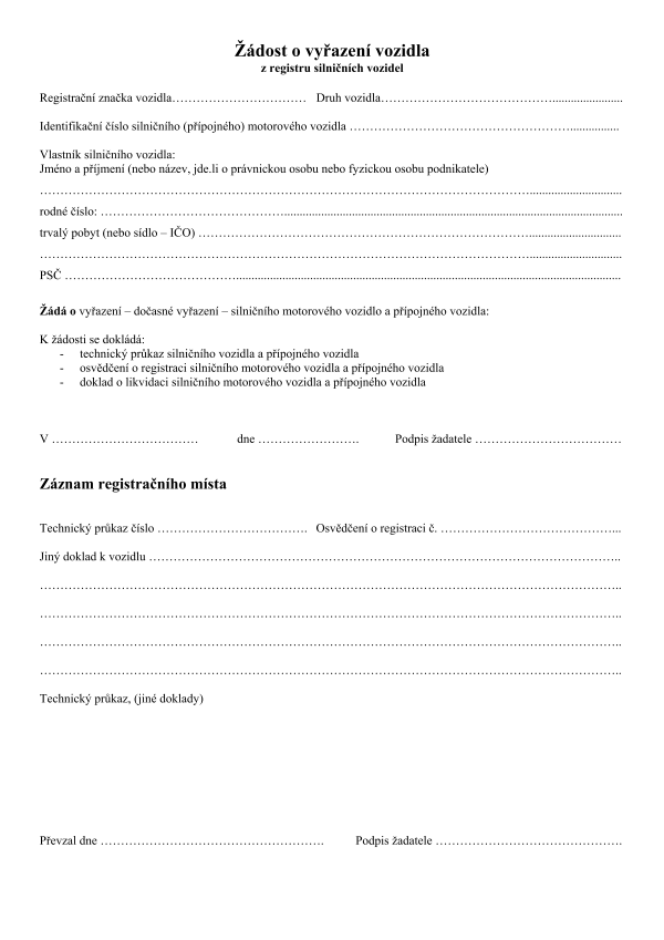 Žádost o vyřazení vozidla z registru silničních vozidel
