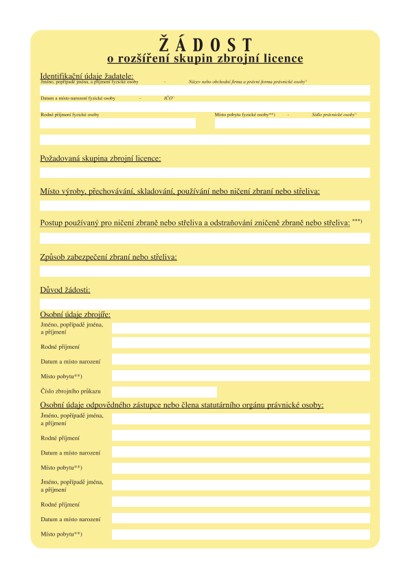 Žádost o rozšíření skupin zbrojní licence