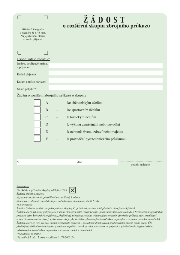 Žádost o rozšíření skupin zbrojního průkazu
