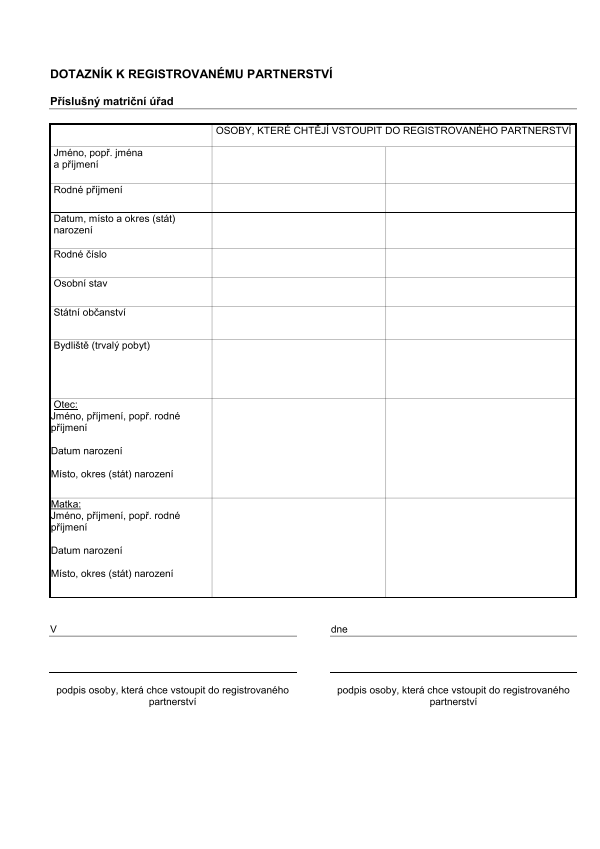 Dotazník k uzavření registrovaného partnerství