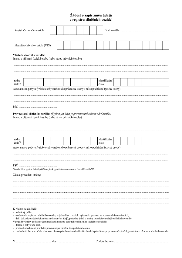 Žádost o zápis změn údajů v registru silničních vozidel