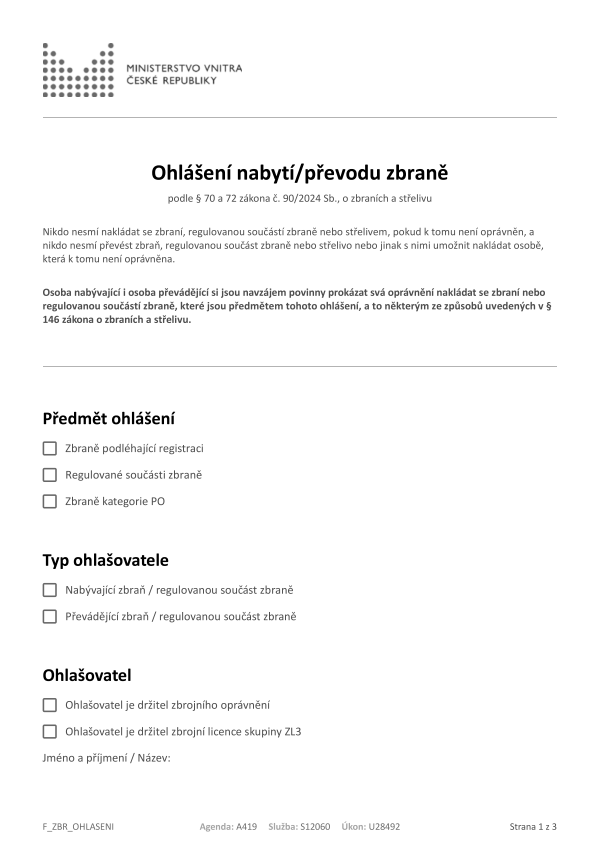 Ohlášení nabytí/převodu zbraně