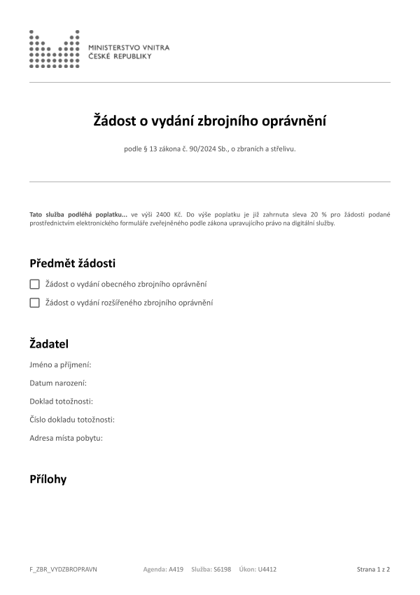 Žádost o vydání zbrojního oprávnění