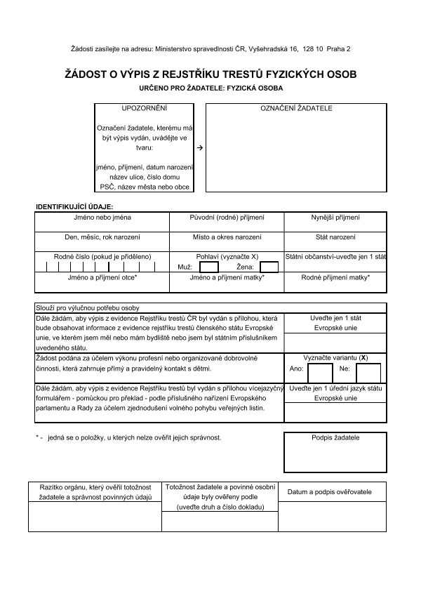 Žádost o výpis z rejstříku trestů fyzických osob