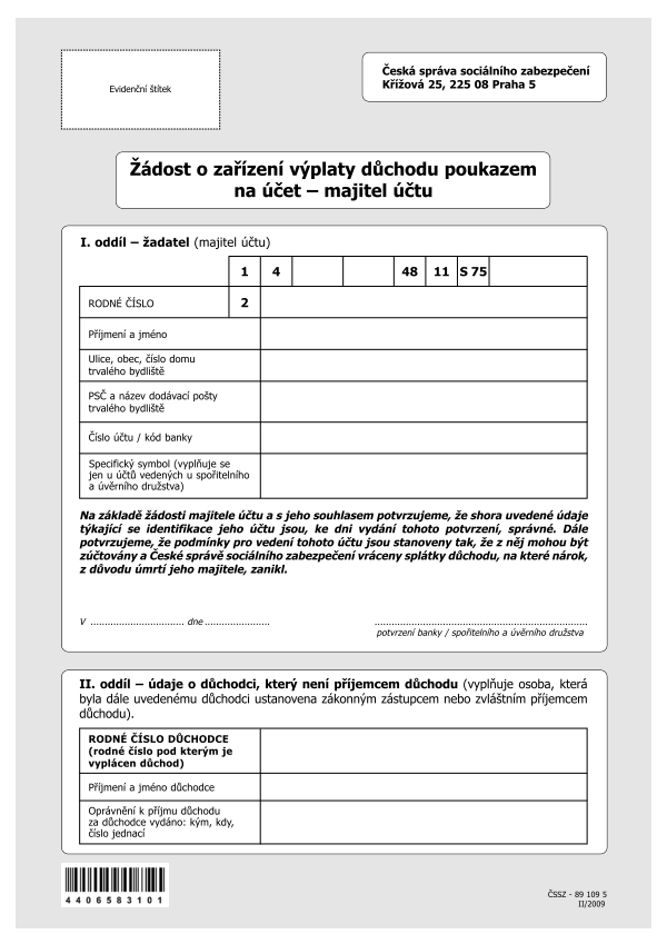 Žádost o zařízení výplaty důchodu poukazem na účet - majitel účtu