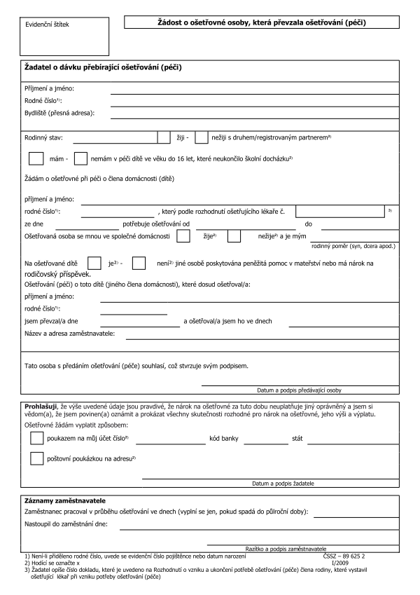 Žádost o ošetřovné osoby, která převzala ošetřování (péči)