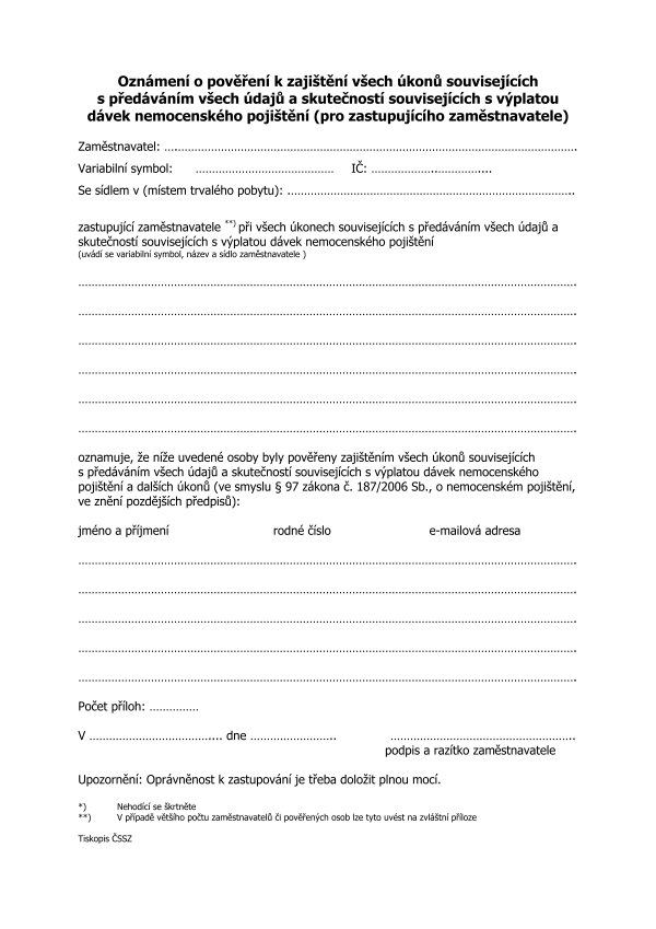 Oznámení (pro zastupující organizaci) o pověření k zajištění všech úkonů souvisejících s předáváním Přílohy k žádosti o dávku nem. pojištění - NEMPRI