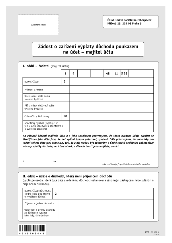 Žádost o zařízení výplaty důchodu poukazem na účet - majitel účtu
