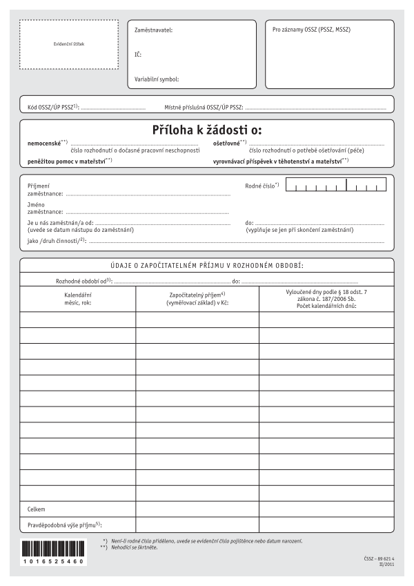 Příloha k žádosti o dávku nemocenského pojištění - NEMPRI