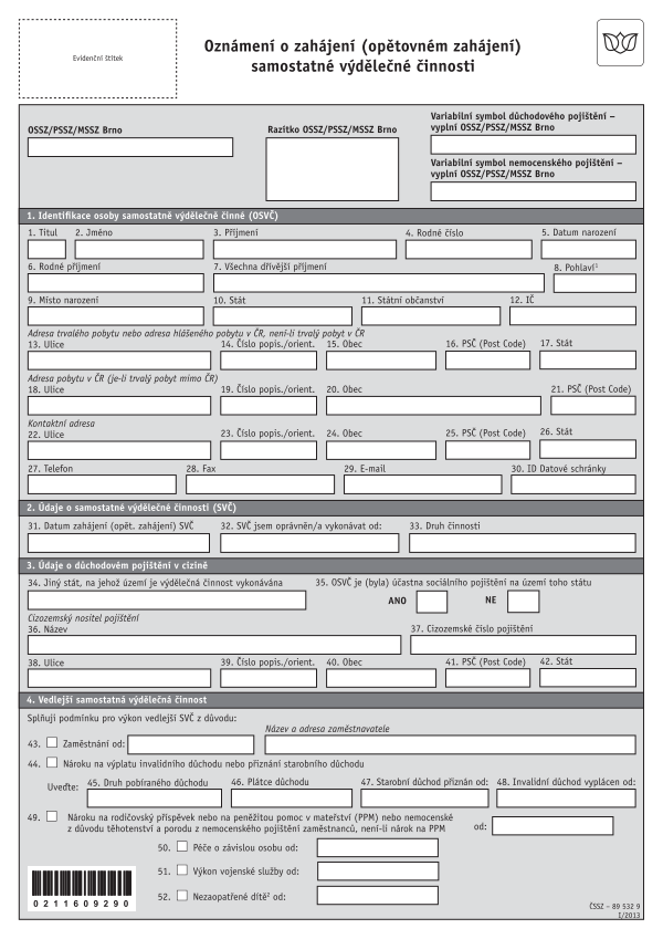 Oznámení o zahájení samostatné výdělečné činnosti