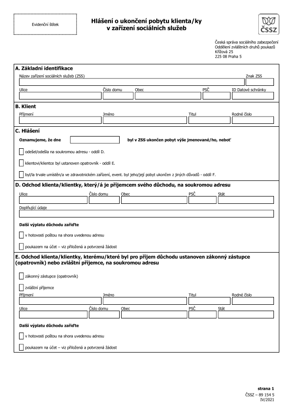 Hlášení o ukončení pobytu klienta v zařízení sociálních služeb