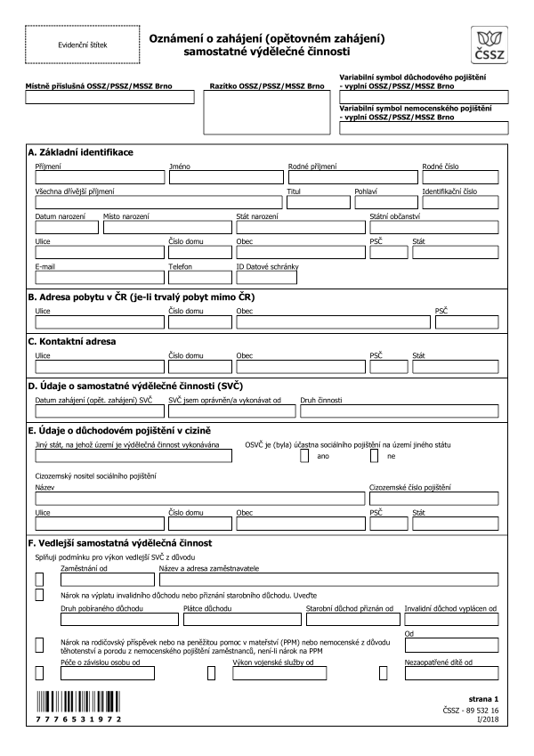 Oznámení o zahájení (opětovném zahájení) samostatné výdělečné činnosti