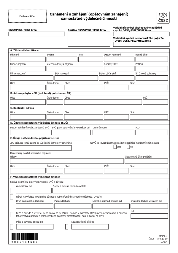 Oznámení o zahájení (opětovném zahájení) samostatné výdělečné činnosti