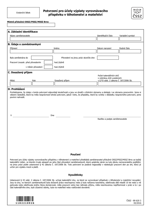 Potvrzení pro účely výplaty vyrovnávacího příspěvku v těhotenství a mateřství