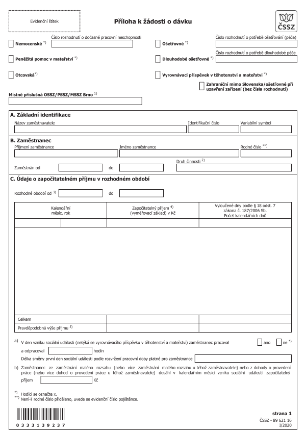 Příloha k žádosti o dávku nemocenského pojištění - NEMPRI (platná od 1.1.2020)