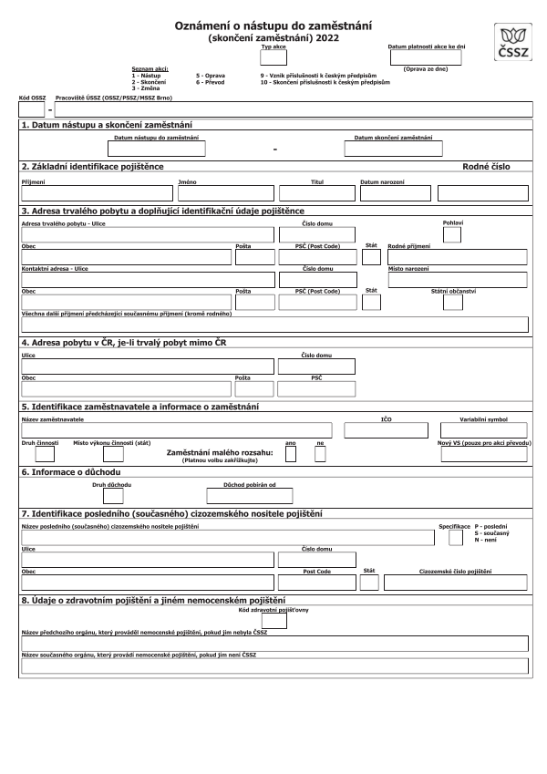 Oznámení o nástupu do zaměstnání (skončení zaměstnání) (platné od 1.4.2022)