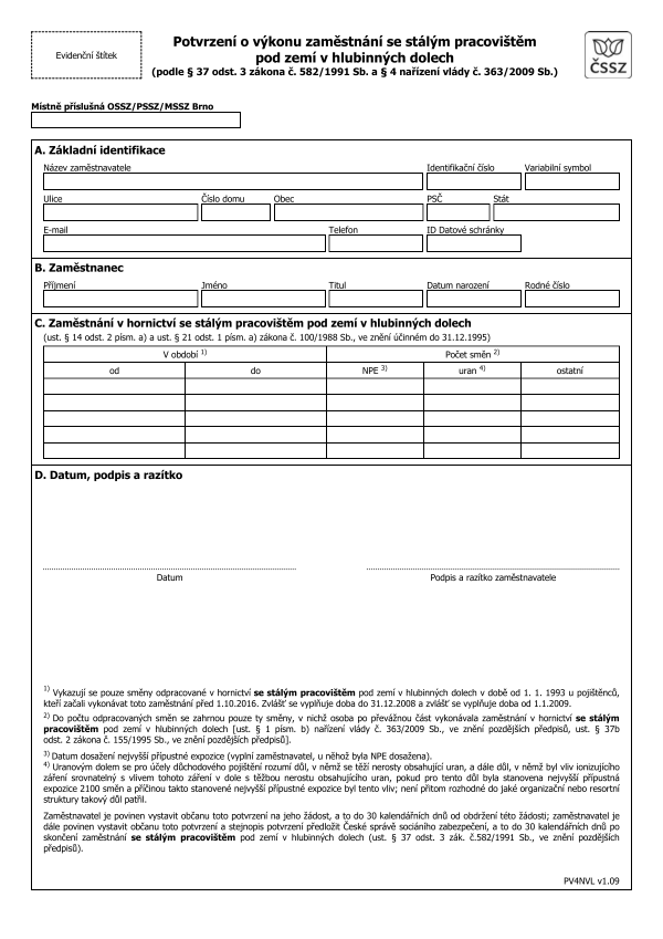 Potvrzení o výkonu zaměstnání se stálým pracovištěm pod zemí v hlubinných dolech