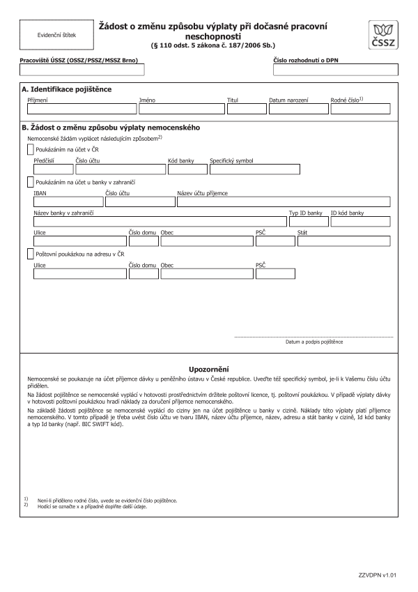 Žádost o změnu způsobu výplaty při dočasné pracovní neschopnosti