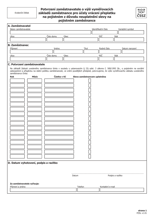 Potvrzení zaměstnavatele o výši vyměřovacích základů zaměstnance pro účely vrácení přeplatku na pojistném