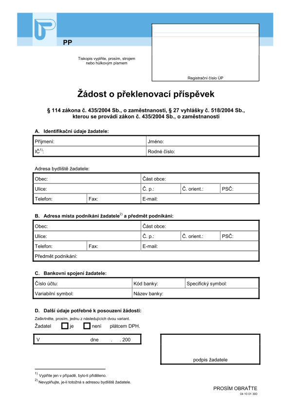 Žádost o překlenovací příspěvek