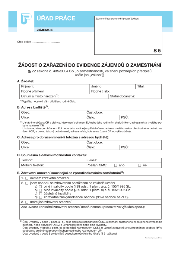 Žádost o zařazení do evidence zájemců o zaměstnání