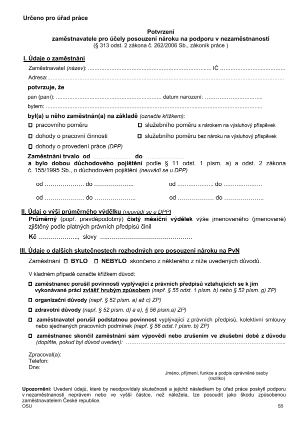 Potvrzení zaměstnavatele pro účely posouzení nároku na podporu v nezaměstnanosti