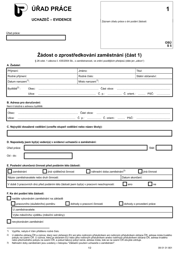 Žádost o zprostředkování zaměstnání (část 1.)