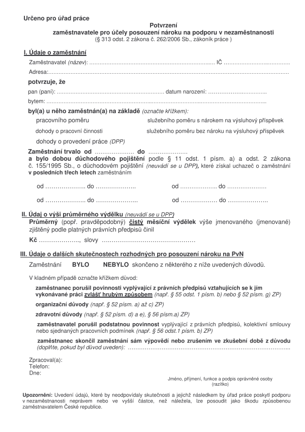Potvrzení zaměstnavatele pro účely posouzení nároku na podporu v nezaměstnanosti