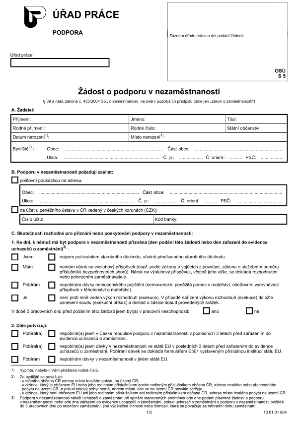 Žádost o podporu v nezaměstnanosti