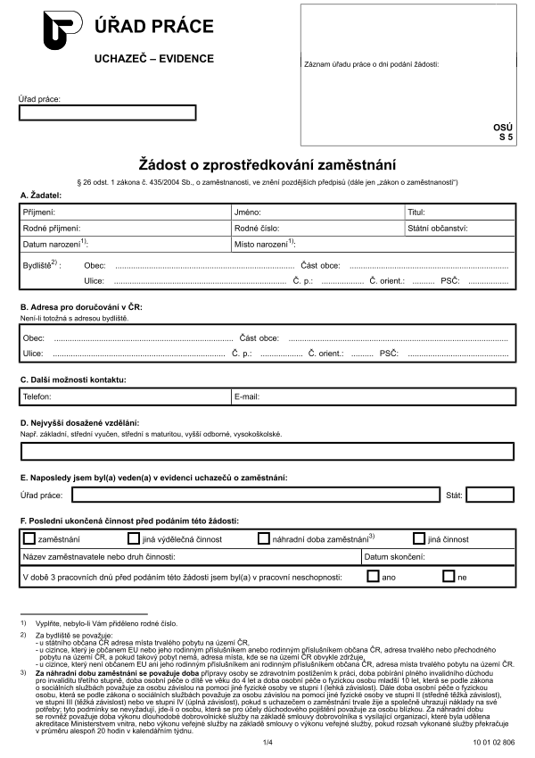 Žádost o zprostředkování zaměstnání